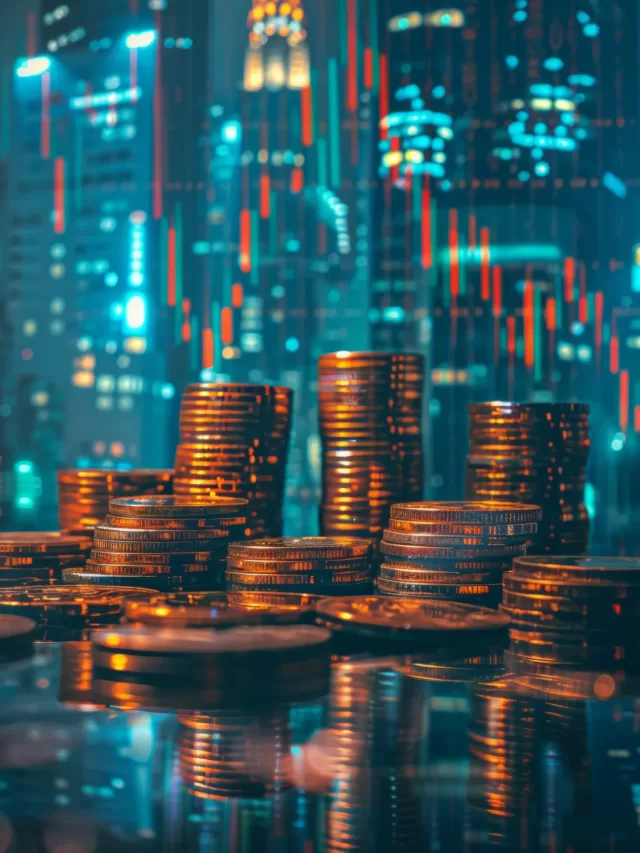 golden-coins-reflect-city-lights-while-skyscrapers-stocks-indicators-rise-background-duri